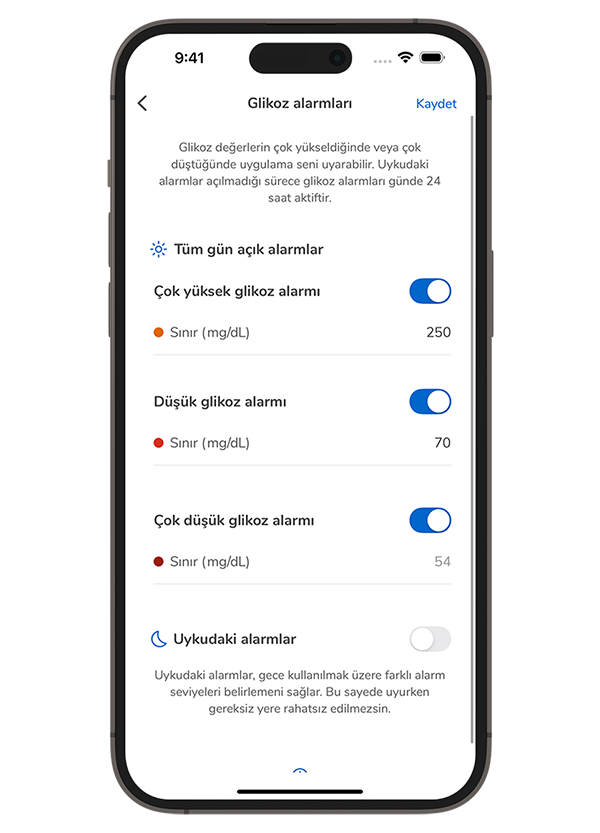 Etkinleştirebileceğiniz alarm tiplerini ayrıntılı olarak açıklayan, Accu-Chek SmartGuide uygulaması Glikoz Alarmları sayfasının ekran görüntüsü.