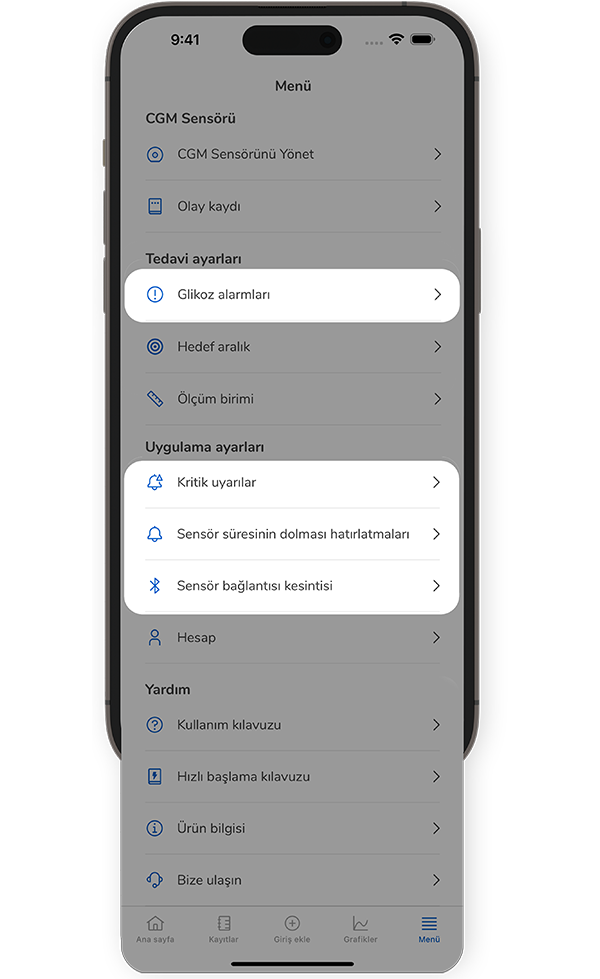 SmartGuide uygulaması ekranında menü, vurgulu glikoz alarmları, kritik uyarılar, sensör süresinin dolması hatırlatmaları ve sensör bağlantı ayarları gösterilir.