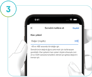 CGM çözümünün nasıl kalibre edileceğini ayrıntılı olarak açıklayan, SmartGuide uygulamasının Kalibrasyon Yap ekranının ekran görüntüsü.
