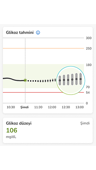 Geçerli ve tahmini düzeyleri gösteren glikoz tahmin grafiği