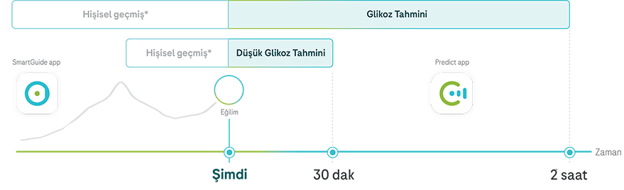 Kişisel geçmiş, eğilim ve önümüzdeki 2 saat boyunca düşük glikoz tahmini ile glikoz tahminini gösteren grafik.