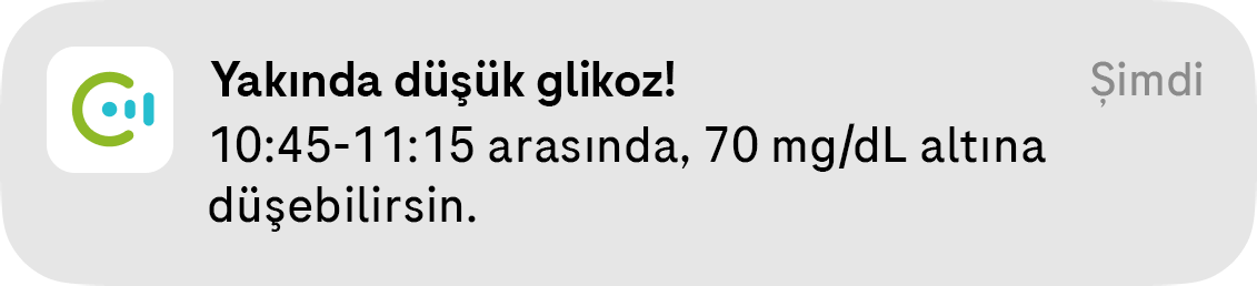 Yakında düşük glikoz! 12:30-13:30 arasında olası düşük değer hakkında uyaran bildirim.
