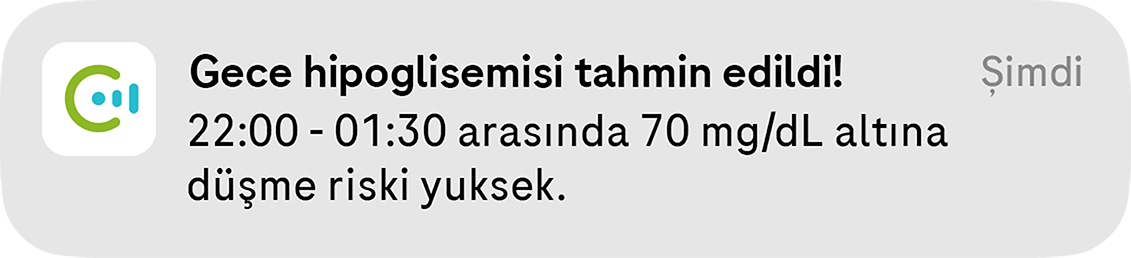 Kullanıcıyı gece çok yüksek hipoglisemi riski hakkında bilgilendiren "Gece hipoglisemisi tahmin edildi" açılır penceresi.