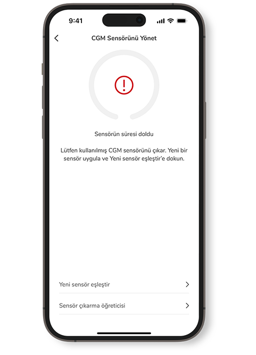 SmartGuide CGM çözümleri sensörünün süresi dolmuş ekranının ekran görüntüsü.