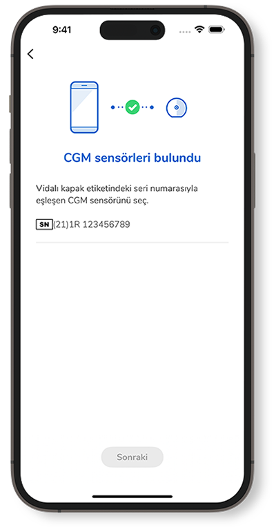 Vidalı kapak üzerinde eşleşen seri numarasını gösteren, CGM sensörlerinin CGM bulundu ekranı.