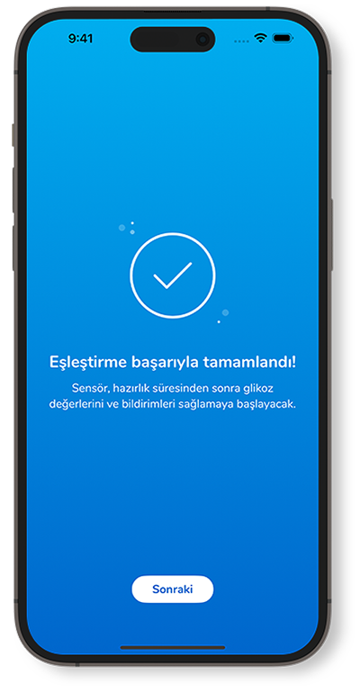 Eşleştirme başarıyla tamamlandı ekranı, hazırlık süresi hakkında bilgiler ve alt kısımda Sonraki düğmesi.