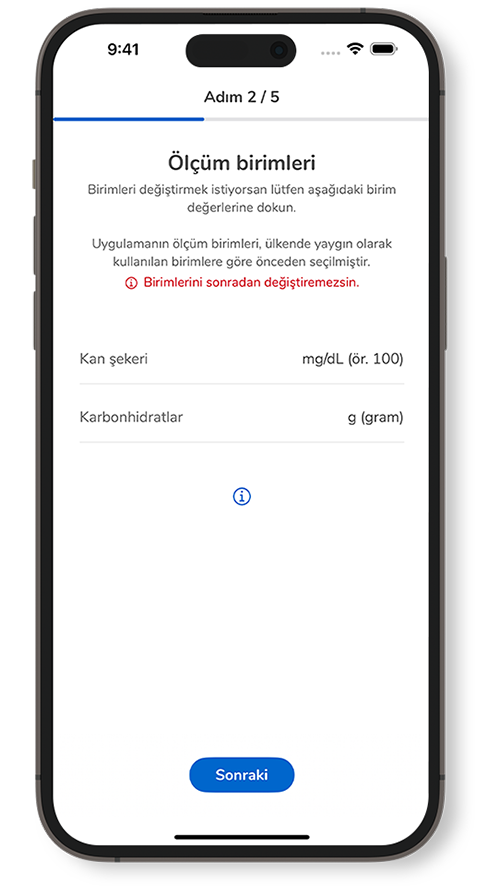 SmartGuide uygulamasının ölçüm birimi kurulum sayfasının ekran görüntüsü.