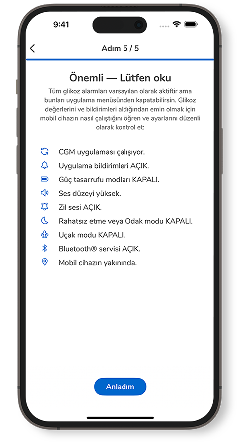 SmartGuide uygulamasında ayarlar ve kurulum ayrıntılarının ekran görüntüsü.