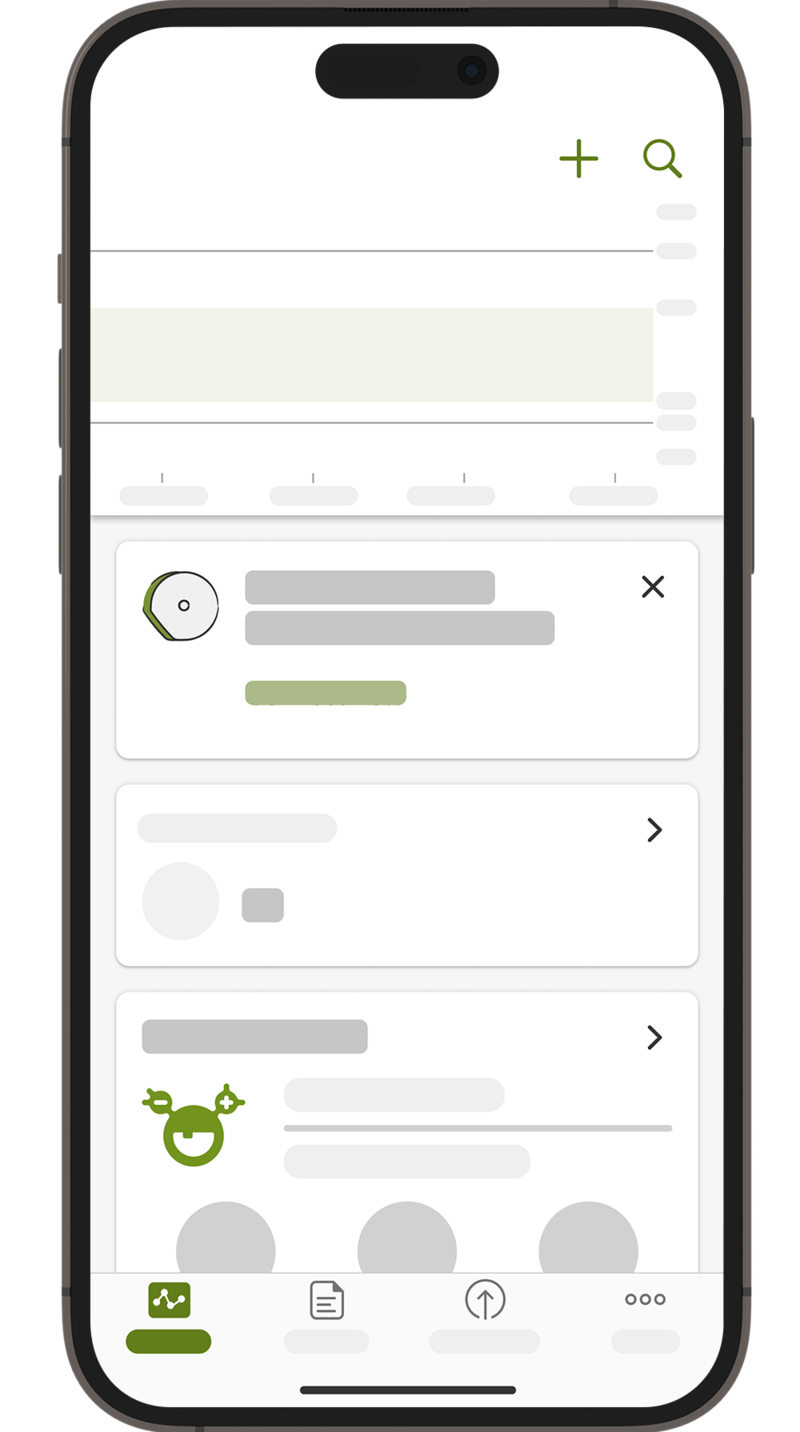 mySugr uygulaması ana sayfasının ekran görüntüsü, CGM bağlantı widget'ı bulunuyor.