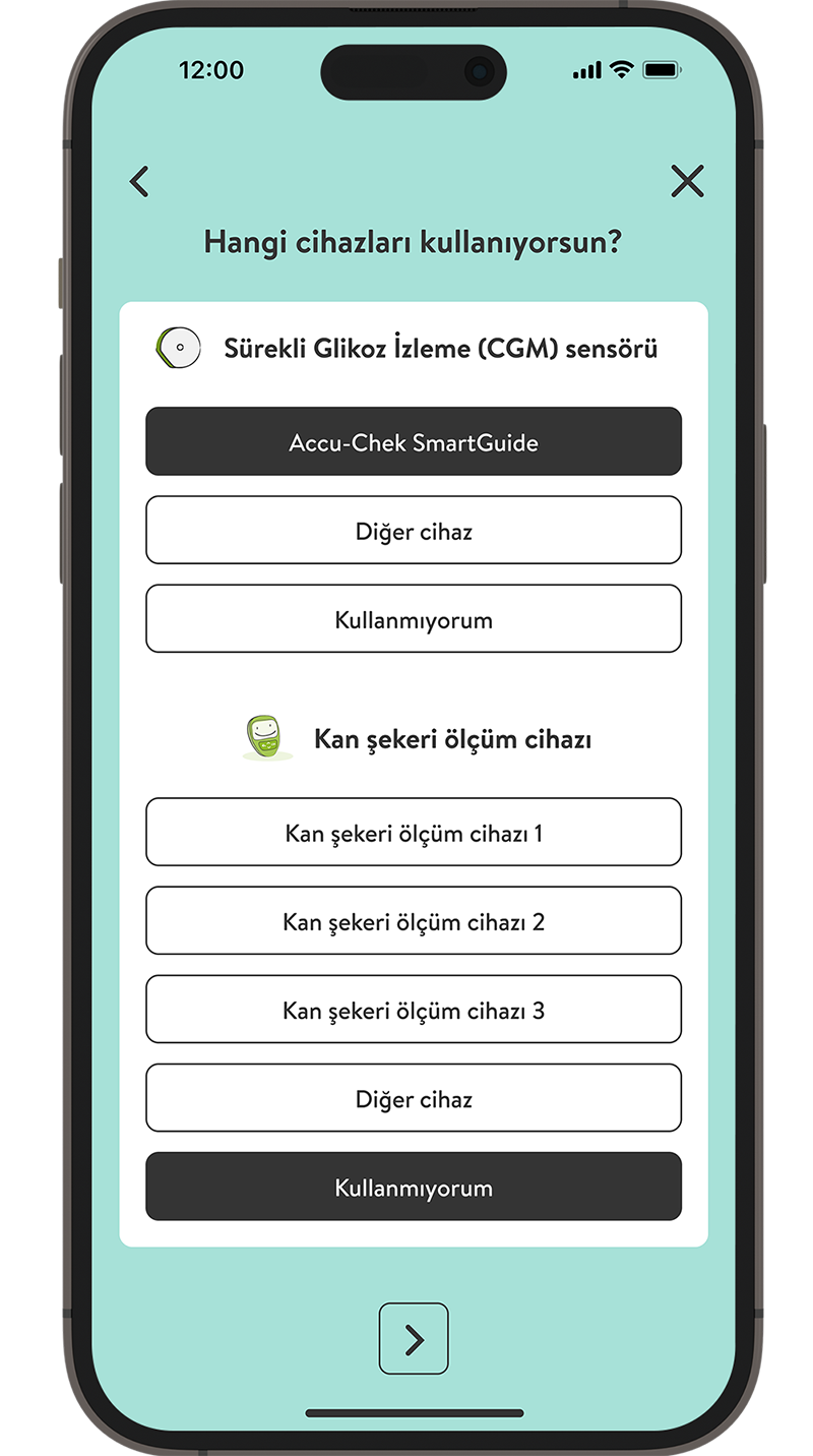 mySugr uygulaması alıştırma sürecinin ekran görüntüsü, insülin cihazı seçiliyor.