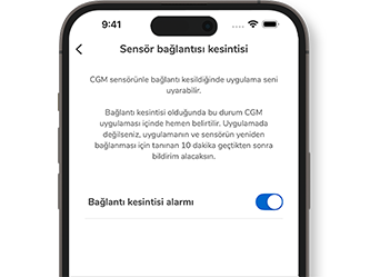 Sensör Bağlantısı Kesintisi ekranını gösteren Accu-Chek SmartGuide uygulamasının ekran görüntüsü.
