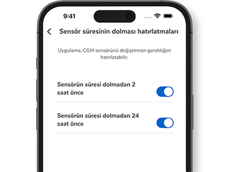 Sensör Süresinin Dolması Hatırlatmalarını gösteren Accu-Chek SmartGuide uygulamasının ekran görüntüsü.