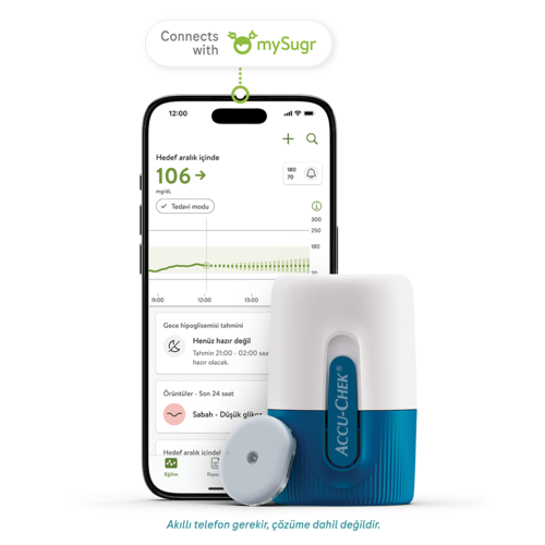 Accu-Chek SmartGuide CGM çözümü, glikoz ölçümlerinizi, eğilimlerinizi ve analizlerinizi görüntülemek için mySugr uygulamasını kullanır.